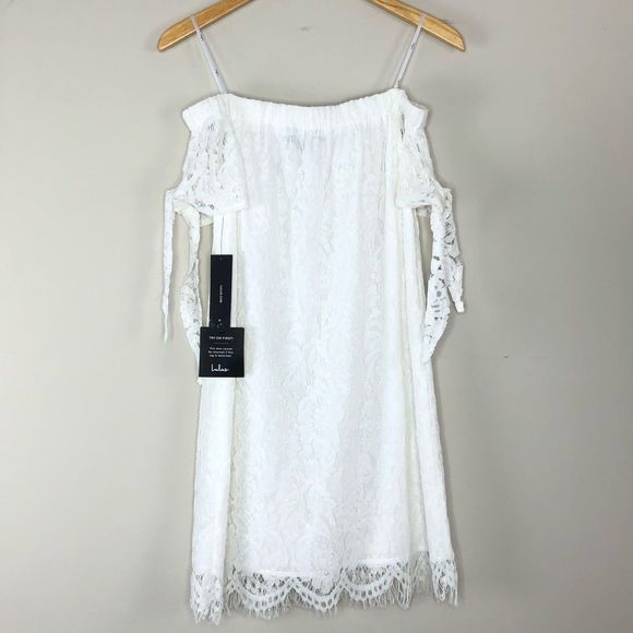 Lulu’s Divine to Five White Lace Shift Dress Off the Shoulder NWT size Small - Picture 10 of 14